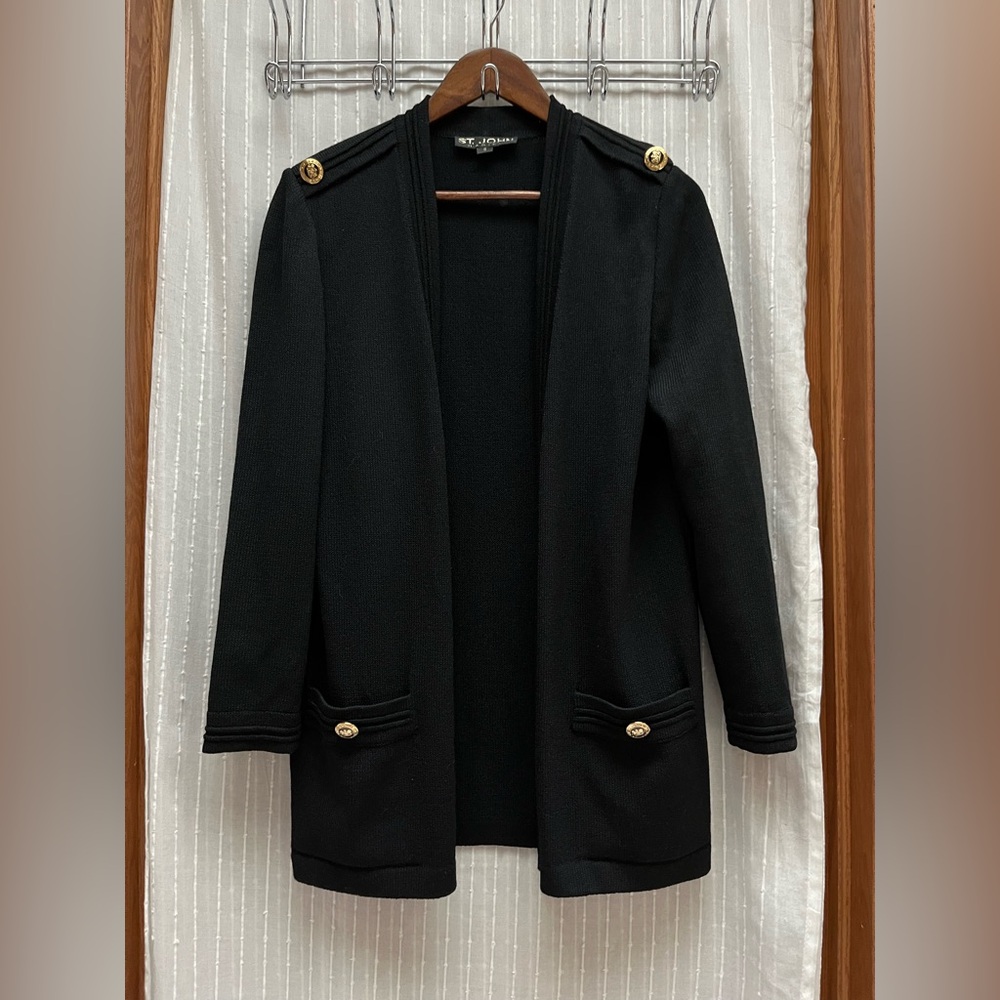 St. John Collection Black Gold Hardware Wool Santana Knit Wrap Cardigan Size S⁠